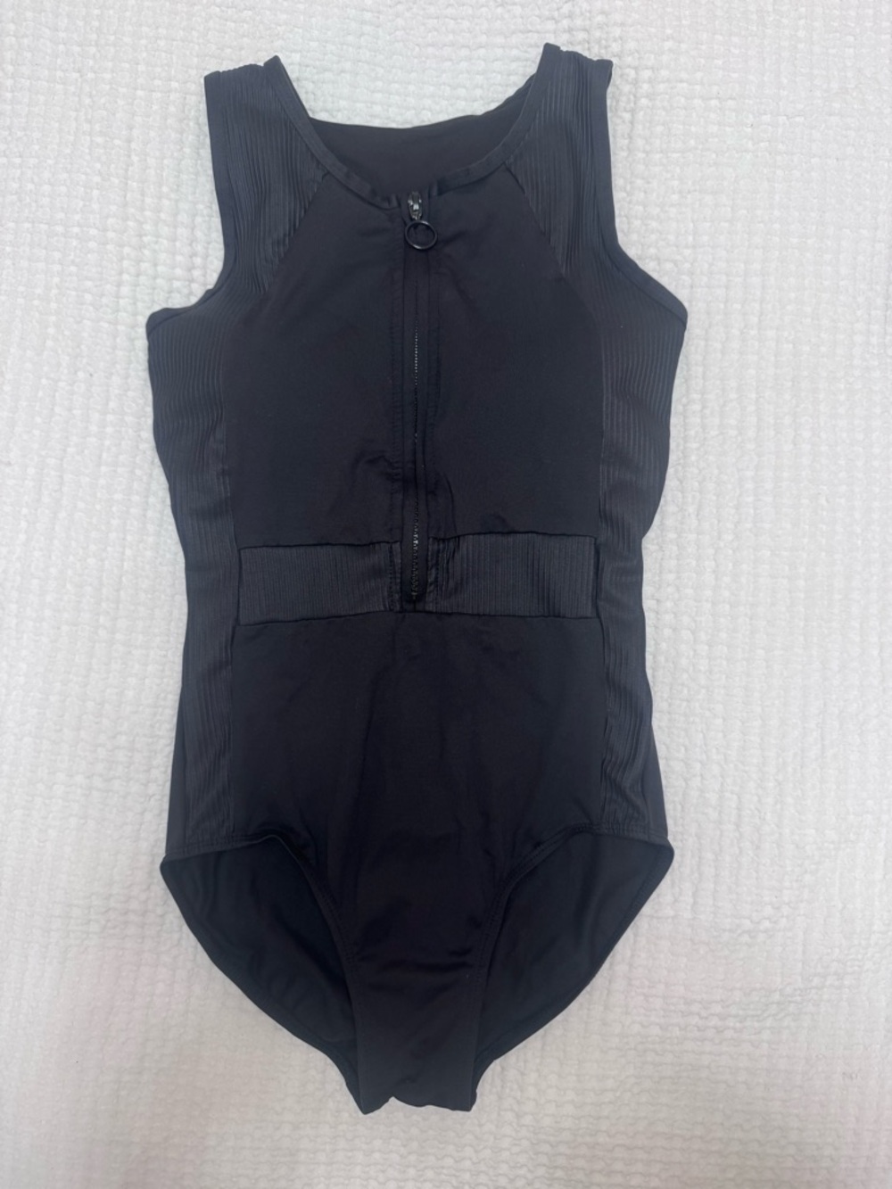 Girls Black Zip-Front One-Piece Leotard